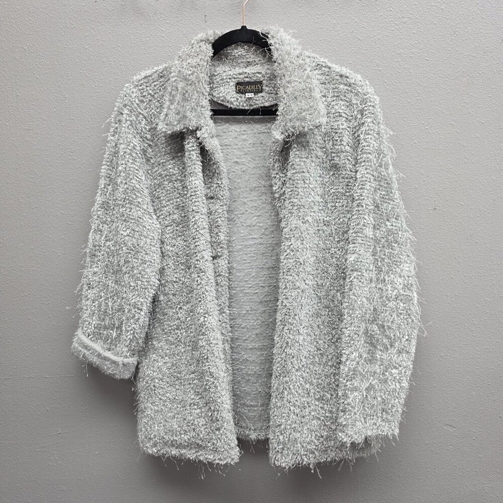 Picadilly Fashions Sweater Womens Medium Gray Open Front Eyelash Knit Cardigan
